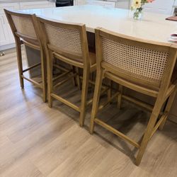 Miraz Counter Stools (Set of 3) – Oak + Cane + Camel Leather – Like New
