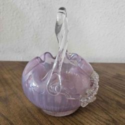 ANTIQUE BOHEMIAN AMETHYST BLOWN GLASS BASKET, CLEAR GLASS APPLIED LEAVES,