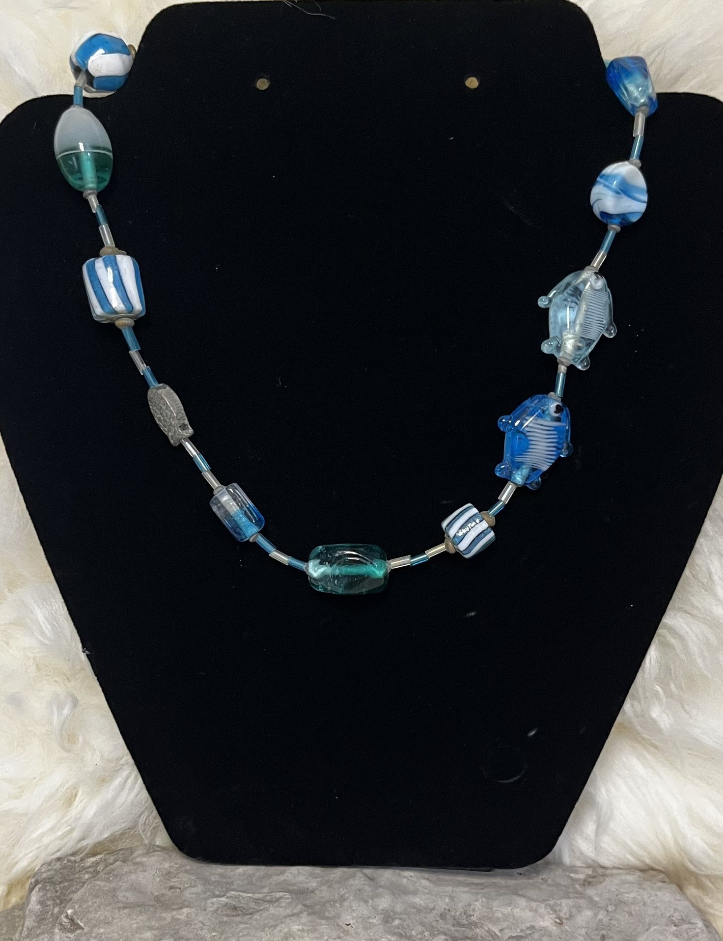 Blue And White Glass Fish Beaded Necklace