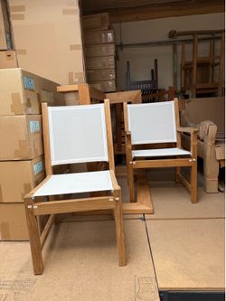 2 new solid teak outdoor chairs with white slings