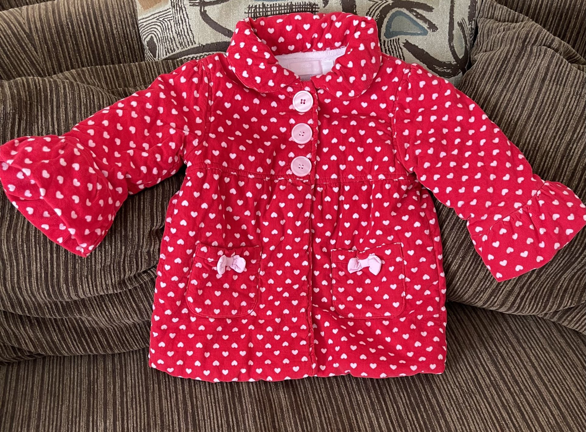 Toddler Girl’s Thick Red Corduroy Jacket With Pink Hearts And Flutter Sleeves Lined With Fleece Size 3T