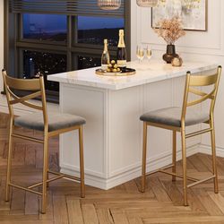 Garvee Bar Stools Set of 2, Counter Height Bar Stools with X Back and Thick Cushion, PU Leather, Metal Barstools for Kitchen Island Apartment Counter 