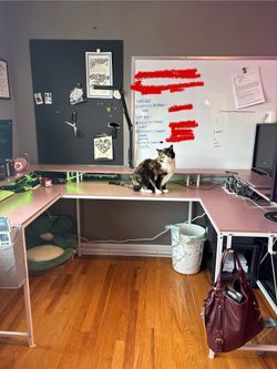 U-Shaped Pink And White Desk With Lights