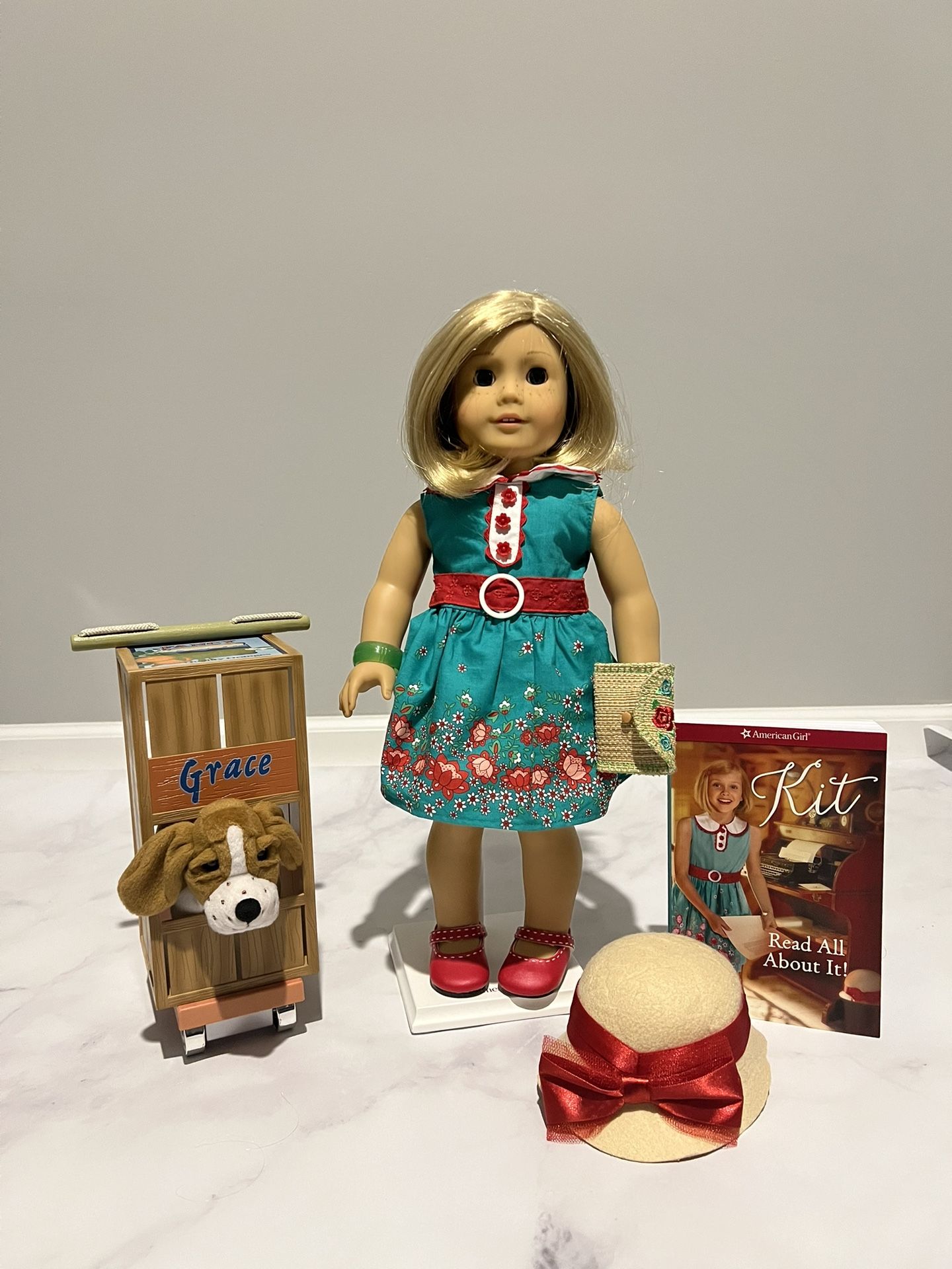 American Girl Kit Kittredge Doll In Green Dress With Accessories PLUS Grace Dog (with Dog Accessories) & Scooter Bundle!