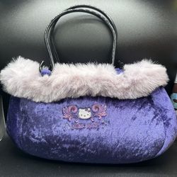 2000 Sanrio Hello Kitty Purple Velvet Purse Handbag with Faux Fur Y2K Vintage