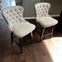 2 Beige Fabric Tufted Counter Height Bar Stools