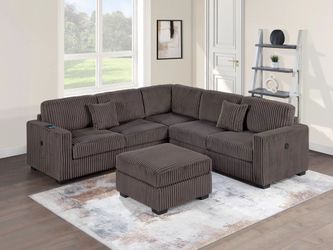 Brand New Brown Corduroy Sectional Sofa w Ottoman