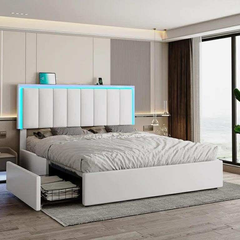 Queen LED Bed Frame with 4 Storage Drawers and USB Ports, Modern Upholstered Platform Bed Frame with Storage and LED Headboard, White