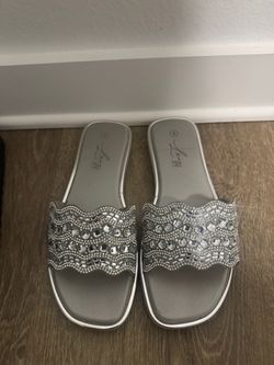 Silver Rhinestone Embellished Slide Sandals