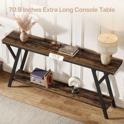 70.9-Inch Narrow Long Entryway Console Table, Industrial Sofa Table Behind Couch with 2-Tier Storage Shelf for Hallway, Living Room, Entrance, Foyer, 