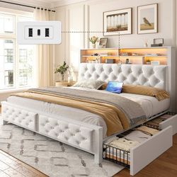 EnHomee Bed Frame Queen Size Bed Frame with Headboard Bed Frame with 4 Storage Drawers & LED Lights & Charging Station
