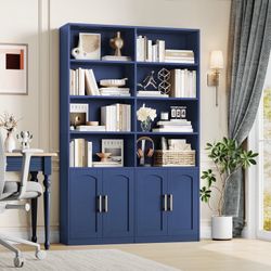 73″ Tall Bookcases with Doors, 8 Cubes 6-Tier Double Row Bookshelf, Bookcase for Living Room Home Office, Blue