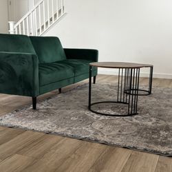Nice Distinctive And Smooth Green Couch (with Bed) + Two Coffee Tables + Area Rug 