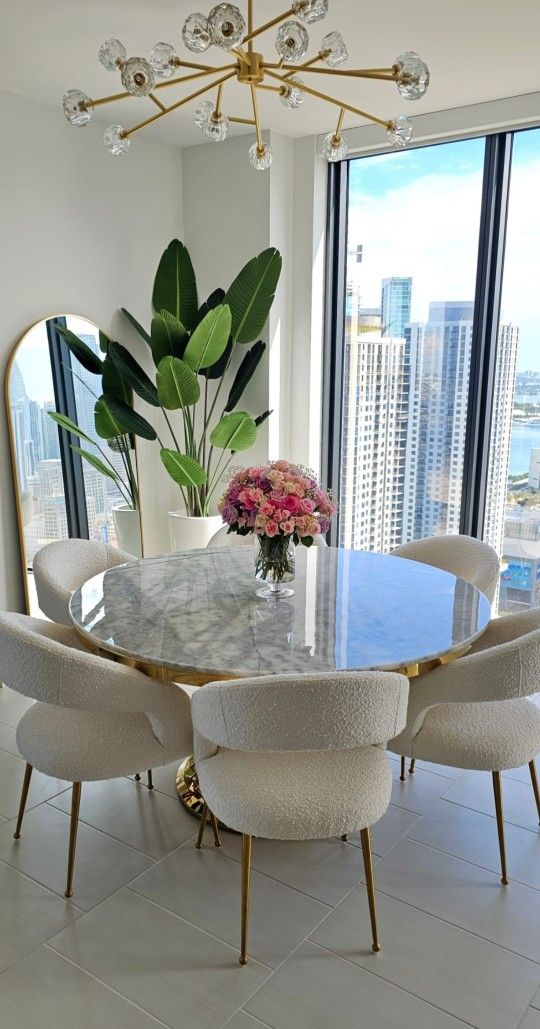 Gold Base Dining Table Seats 6 Real MARBLE top 