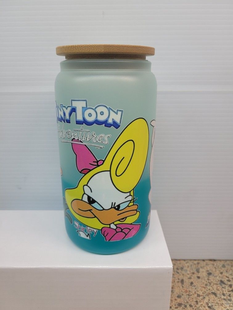 Glass Changing Color Cup Tiny Toons Turns Green With Cold Water Bambú Lid And Plastic Straw 16oz