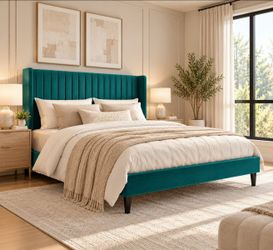 Queen Bed Frame, Velvet Upholstered Platform Bed with Adjustable Vertical Channel Tufted Headboard, Mattress Foundation with Strong Wooden Slats, Box