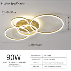 Was 170$ Modern LED Ceiling Light 90W Dimmable Light Fixture with Remote Control 5 Rings Flush Mount Ceiling Gold Acrylic Chandelier LED for Livi