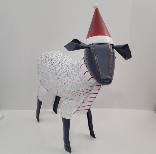 Plow & Hearth Holiday Suffolk Metal Sheep With A Hat & Scarf Christmas Decor New