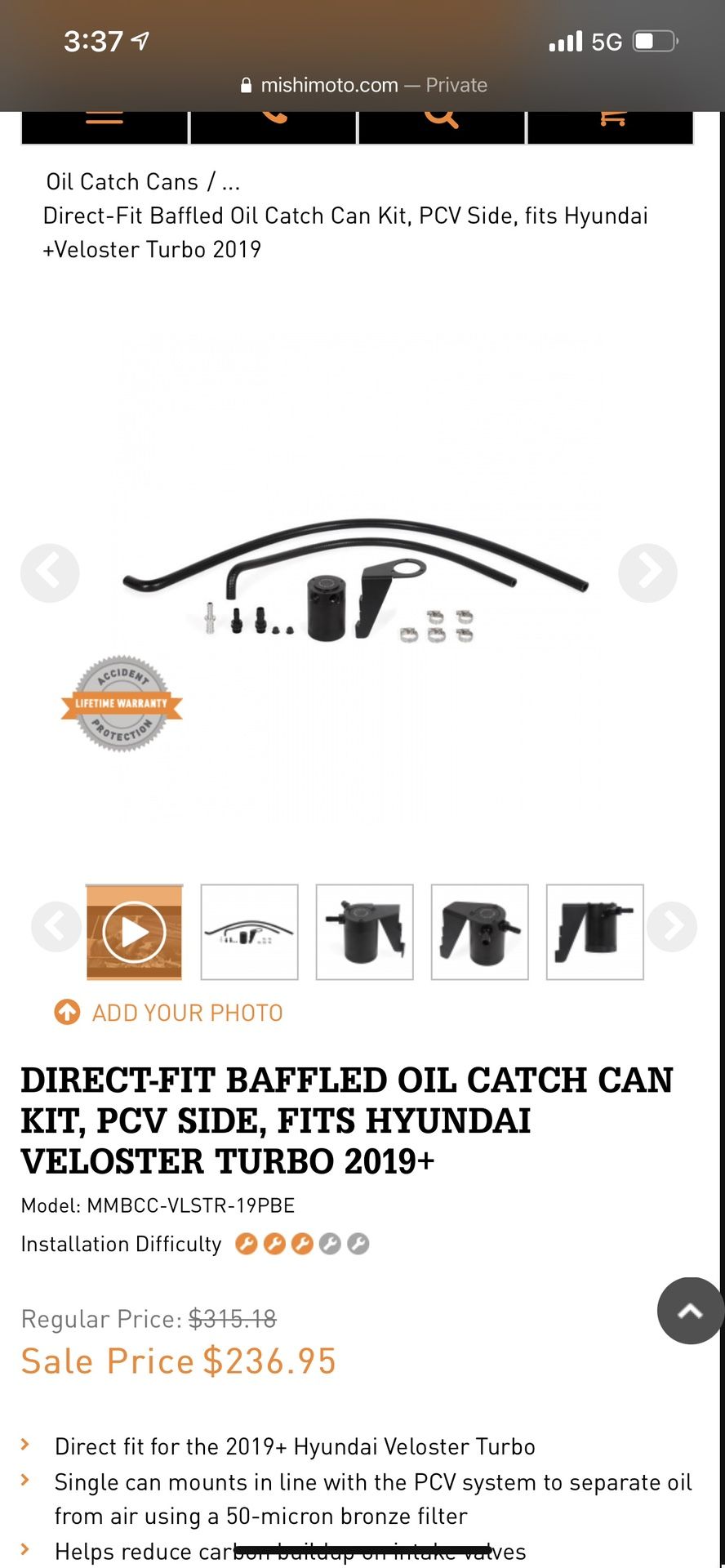 Hyundai Veloster Turbo N Mishimoto Catch Can