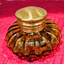 Antique Perfume Bottle Amber Fluted Glass Hinged Brass Lid