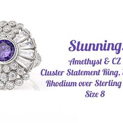 Exquisite! Amethyst & CZ Cluster Statement Ring, Rhodium, Sz.8  Now $50.!!
