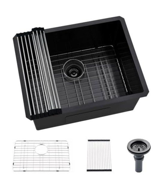 Black Stainless Steel Undermount Laundry Sink-Hovheir 24"x19"x12" Deep Undermount Stainless Steel Utility Sink Matte Black Undermount Kitchen Sink 16