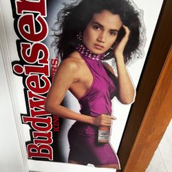 Vintage Budweiser Beer Girl Sign – 1980s Bar Ad