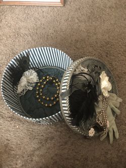 Beautiful hat box w/lid decorated with beads gloves feathers & flowers