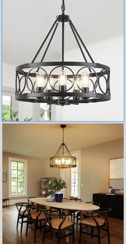 5-Light Farmhouse Chandelier for Dining Room Light Fixture,Modern Rustic Round Black Chandelier Over Table with Hanging Kitchen Drum Light Fixtures fo