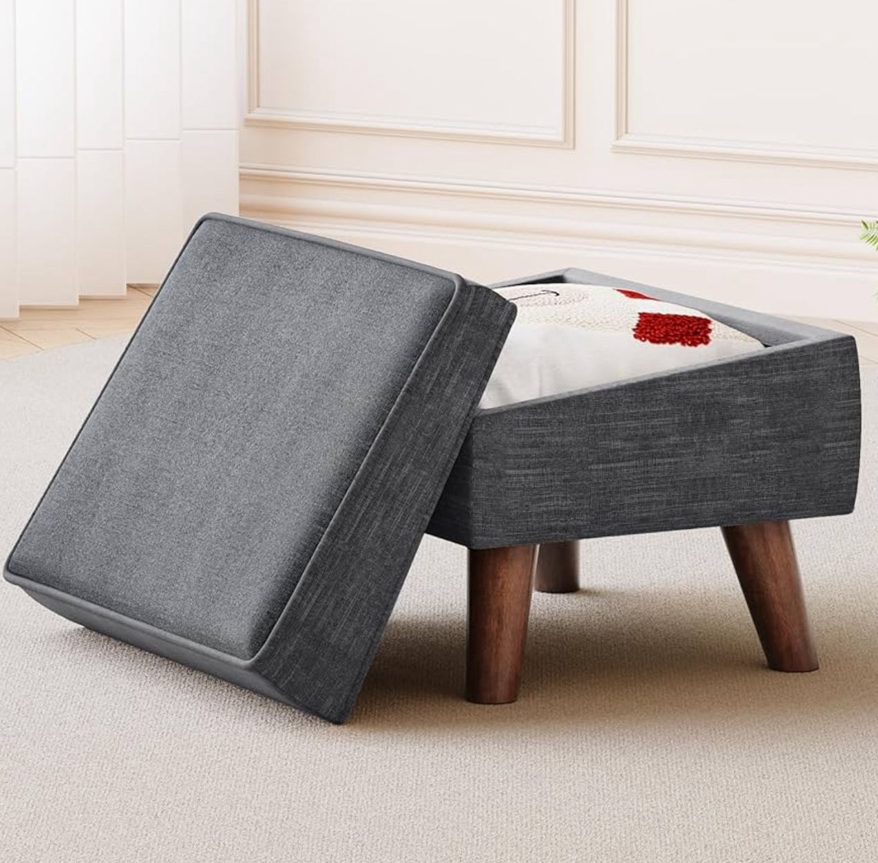 Small Footstool Ottoman with Storage, Ottoman Foot Rest, Modern Foot Stool with Adjustable Lid and Sturdy Wood Legs for Living Room, Bedroom, Couch, E