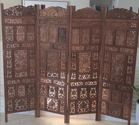 Vintage Hand-Carved Solid Wood 4-Panel Room Divider / Privacy Screen