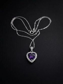 Heart-Cut Purple Stone Halo Pendant Necklace