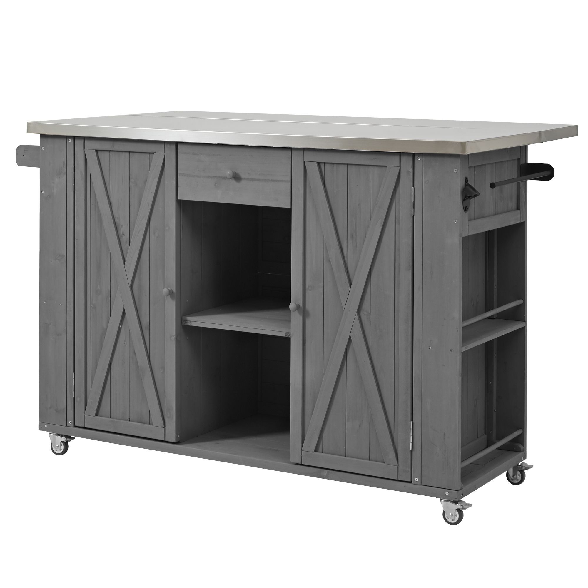 Outdoor Kitchen Island Fir Wood Kitchen Island with Stainless Steel Top, Ample Storage Space, Towel and Spice Racks and a Bottle Opener for Outdoor, G