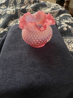 Vintage Pink Opalescent Hobnail Glass Ruffled Bowl