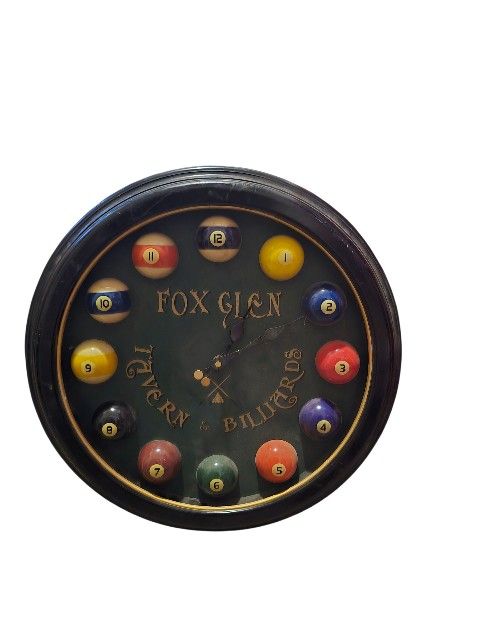 Fox Glen Tavern & Billiards Wall Clock – Vintage Pool Ball Game Room Decor
