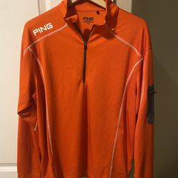 Men’s Large Ping PGA L Long Sleeve Jacket Coat Orange White 1/4 Zip Pullover EUC