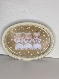 Vintage Hallmark Praying Angels Tin Tray Peace Love Joy Christmas Decor Gold