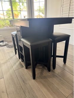 Black Counter Height Dining Set / Bar Table Set with Storage & Built-In Wine Rack