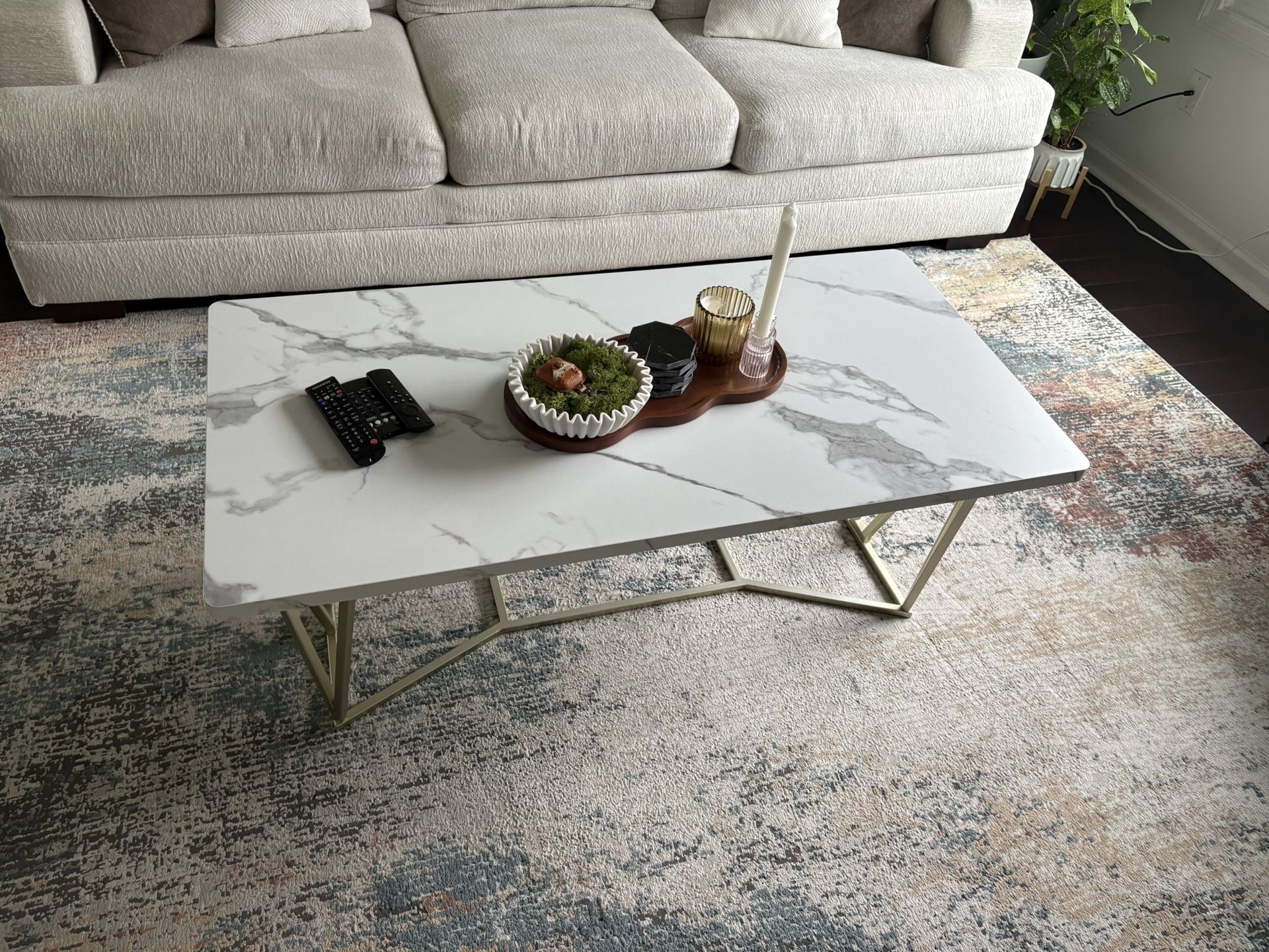 White Marble and Gold Coffee Table Rectangle Coffee Tables for Living Room Mid Century Modern Coffe Table