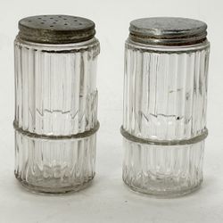 Vtg 1920s Hoosier Kitchen Cabinet Glass Spice Jars w/Rings, Colonial Pattern