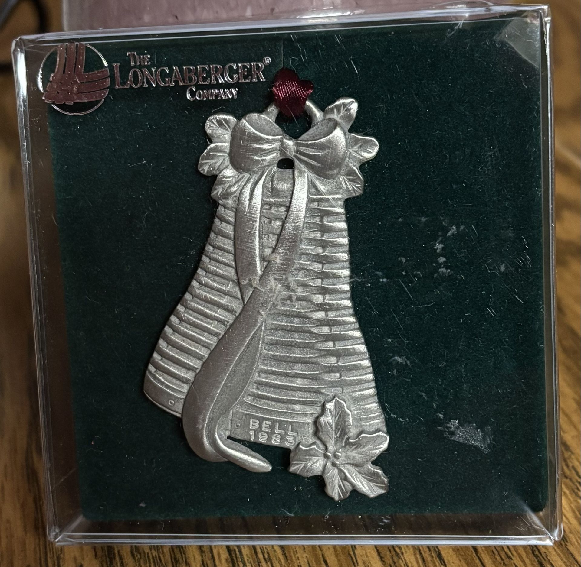 The Longaberger Company Pewter Bell Basket 1983 Christmas Ornament Vintage Poinsettia Bow