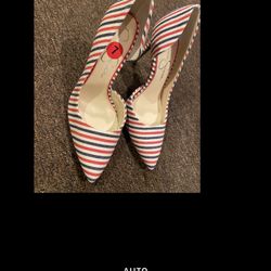 Brand NEW Jessica Simpson Stiletto Sz 7  Patriotic heels red white blue stripe shoes