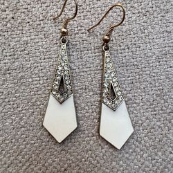 Vintage-Style Art Deco Geometric Drop Earrings - White & Silver Tone