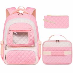 AYoXin Pink Backpack with Lunch Box for Girls Teenagers Kids for Age 6-8 8-10 10-12 School Bag for Middle High School Primary Aesthetic Bookbag Lightw