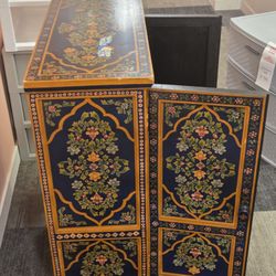 Hand Crafted Blue Floral Art Cabinet
