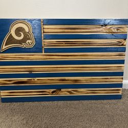 Los Angeles Rams Burnt Wood American Flag 20x13” New Hand Crafted  