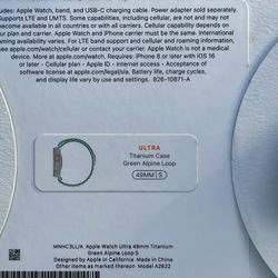 Apple Watch Ultra GPS + Cellular 49mm Titanium  with Green Alpine Loop  Small BRAND NEW