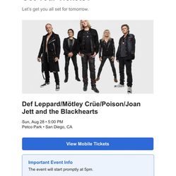 DEF LEOPARD/ MOTLEY CRUE/ JON JETT Tonughts Concert Tickets X 3 Tickets!!! Thumbnail