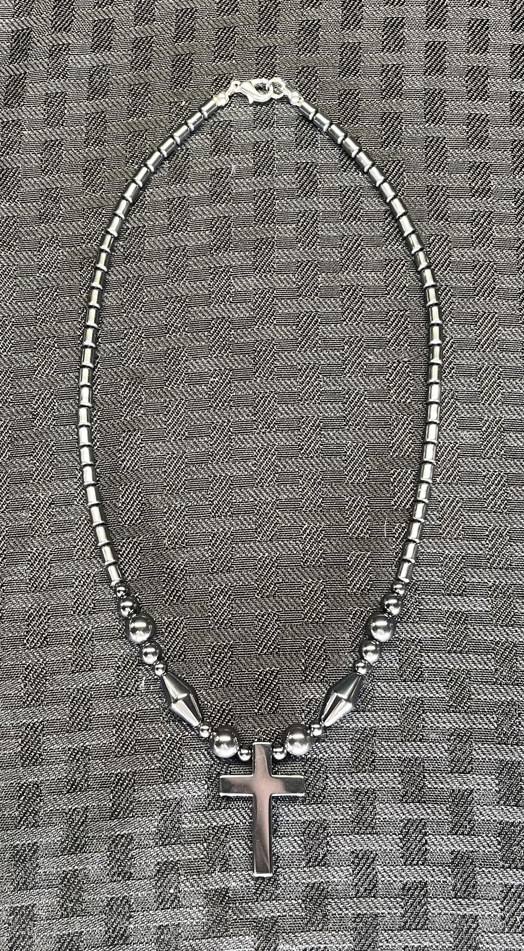 Hematite Beaded Cross Pendant Necklace