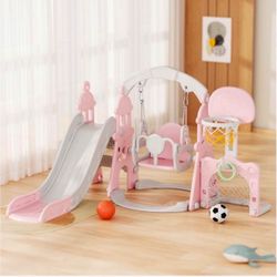 YUFU 5-in-1 Toddler Swing and Slide Set, Kids Slide with Climber, Swing, Basketball Hoop, Soccer Goal, Indoor Outdoor Playset for Toddlers Age 1-3 (5-